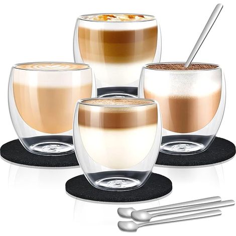 Lot de 4 tasses à café en verre soufflé main, double paroi, 250 ml, avec cuillères et dessous de verre en feutre, passe-lave-vaisselle (1/5)