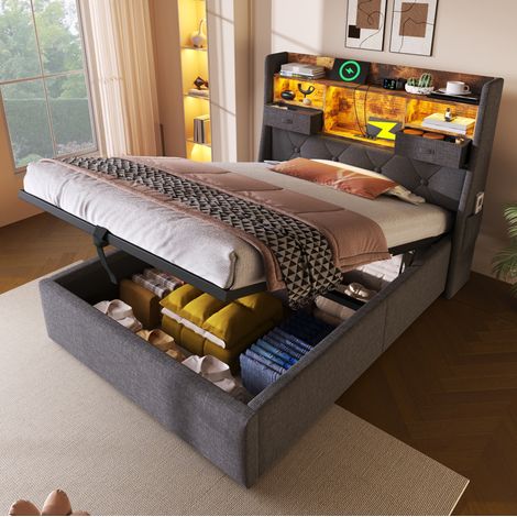 Letto imbottito 90x200 cm grigio in lino con LED, ricarica USB/Type-C e contenitore idraulico (1/5)