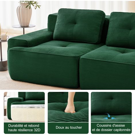 Canapé modulable vert en L en velours côtelé avec assise profonde, ottoman et couchage convertible pour salon, chambre et détente (1/5)