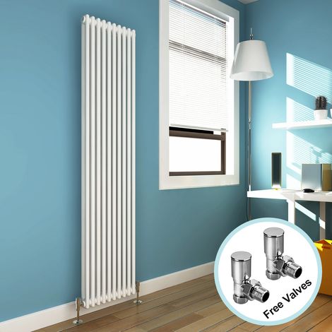 ELEGANT 1800 x 470 mm Traditional Radiator Cast Iron Style Radiator White Double Vertical Column Radiators + Angled Radiator Valves (1/5)