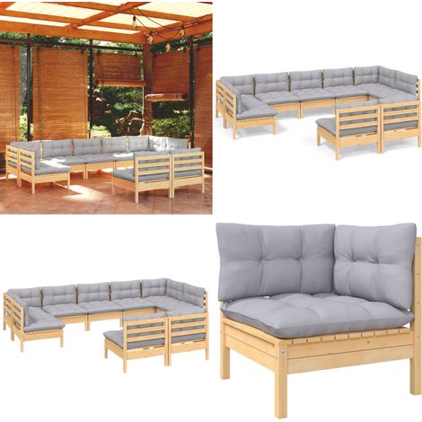Salon de jardin 9 pcs avec coussins gris Bois de pin solide - salon de jardin - salons de jardin - Home & Living (1/5)