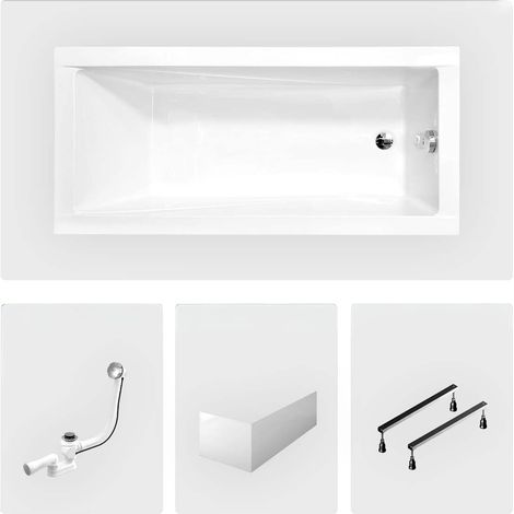 Rechteckige Badewanne - 180 x 80 cm - mit weißer Frontschürze - Füße - Chromablauf - MODERN