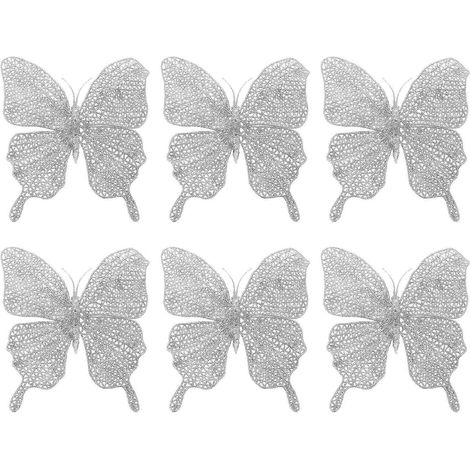 Lot de 6 papillons à paillettes à décorer soi-même pour Noël : papillons ajourés à réaliser soi-même-21.5x19cm-Silver (1/3)