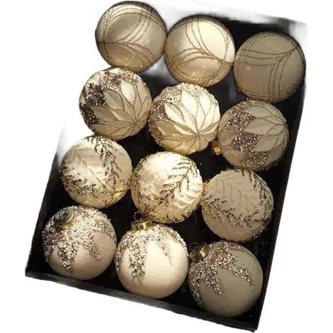 Set di 12 ornamenti natalizi floccati bordeaux e bianchi, dalle forme uniche e dalla consistenza soffice, perfetti per decorare l'albero di Natale (crema).