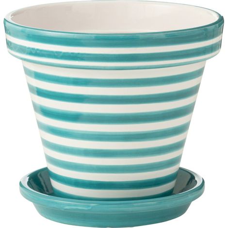 Cache pot rayé en poterie peinte à la main - aqua et blanc (1/3)