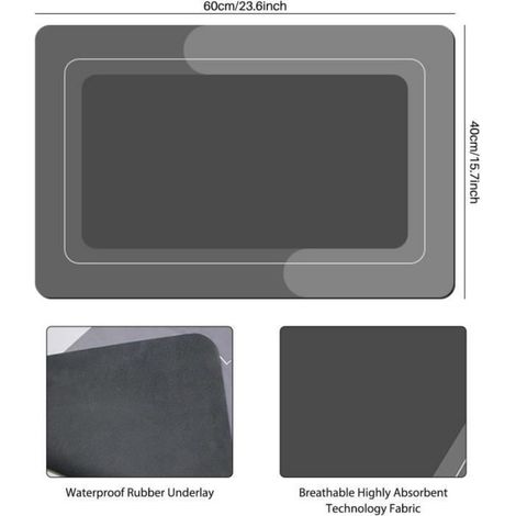 Tapis de Bain - Absorbant - Diatomite - AntidéRapant - 40 x 60 cm - Gris (1/4)