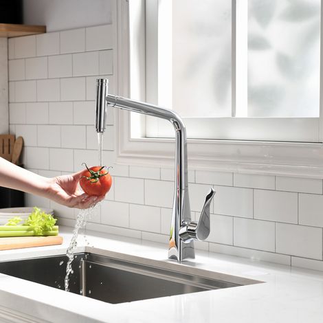 Rubinetto da cucina girevole monoblocco con doccetta estraibile cromata. (1/3)