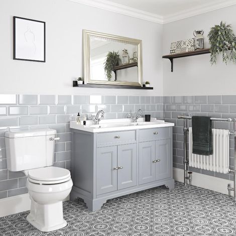Milano Thornton 1210mm Bathroom Vanity Unit with Double Basin and Close Coupled Toilet WC Pan  Seat and Cistern - Light Grey (1/5)