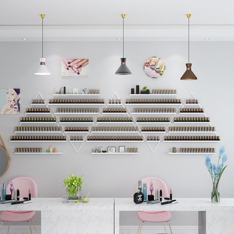 Elegant Wall Mounted Nail Polish Storage Rack Set of 10 Triangular Cosmetic Display Shelves for Essential Oil Bottles, Organize Your Lipsticks and Perfumes in Style at Home or Salon (White) (1/5)