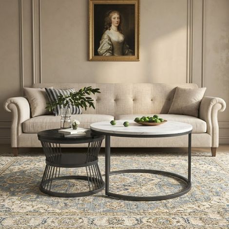 Set di 2 tavolini impilabili con struttura dorata, moderni tavolini rotondi per soggiorno, camera da letto, balcone, ufficio. 70 cm + 45 cm (1/5)