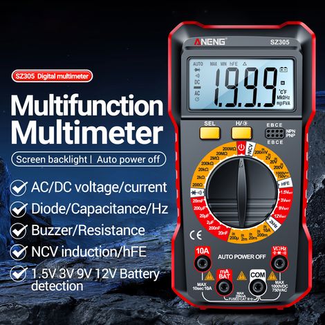 ANENG SZ305 Multimètre Testeurs de Condensateur Professionnel 1999 Comptes Voltmètre Intelligent Ohm Mètre Mesure Rapidement et Précisement Tension Courant Résistance Fréquence Diode hFE. (1/5)