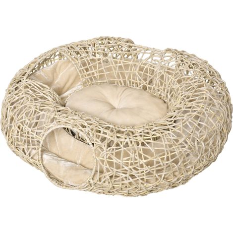 Lit en rotin naturel pour chat 78x69x22 cm avec coussin doux tunnel 3 accès confortable et design robuste (1/5)