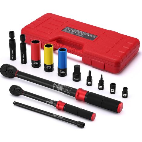 Jeu de 13 clés dynamométriques à 72 dents 1/2" et 3/8", 20-220 Nm, 5-60 Nm, avec barre d'extension, adaptateur, douille à choc de roue, douille à bougie magnétique, embouts Torx et douilles (1/5)