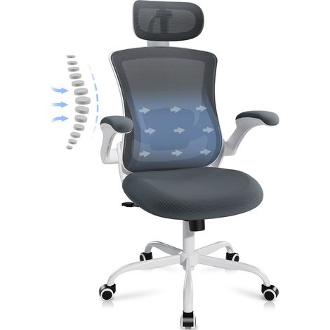 SMARTUE Silla de Oficina – Silla de Oficina Ergonómica con Reposacabezas, Soporte Lumbar, Reposabrazos Abatibles y Función Mecedora de 140°, Gris
