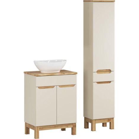 Set ERMANO cashmere 95cm: mobile sottolavabo + piano per lavabo smussato + lavabo da appoggio bianco + colonna