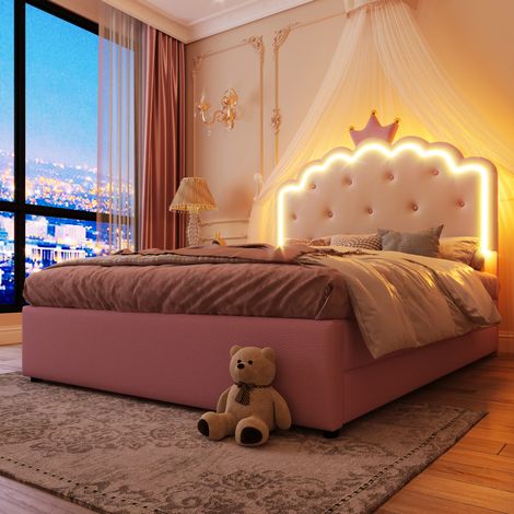 Cama infantil tapizada con nido cajones LED rosa PU OKMYHOME (1/5)