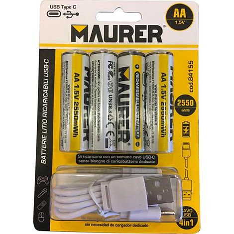 BATTERIE MAURER RICARICABILI USB STILO """2550MWH""" (BL.4PZ.)