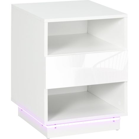 Table blanche avec LED et télécommande 40x40x55 cm, tiroir, finition laquée brillante et 2 étagères, meuble chambre moderne design