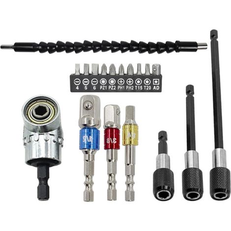 Le kit de rallonge flexible pour foret comprend une rallonge flexible pour foret à 105°, trois adaptateurs de douille universels pour forets de 1/4 pouce, 3/8 pouce et 1/2 pouce, et trois mandrins de (1/4)