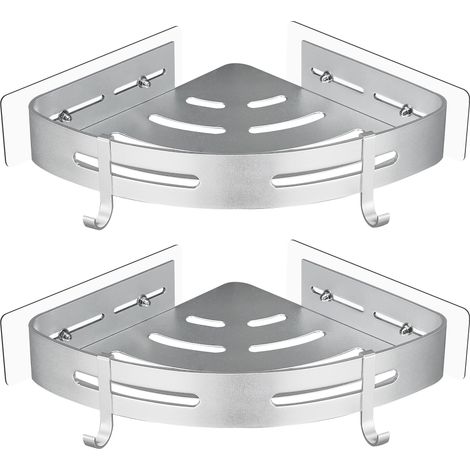 No Drilling Metal Shower Corner Shelf with 2 Shower Hooks, Self-Adhesive Rustproof Bathroom Item Holder, 2 Pack (Silver) (1/5)