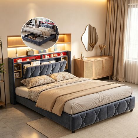 Lit Coffre 140x200 cm avec Lumière LED et USB Type-C, Lit Capitonné avec Rangement, Fonction hydraulique, Lit Double avec Tête de Lit Rangement, Velours Gris (1/5)