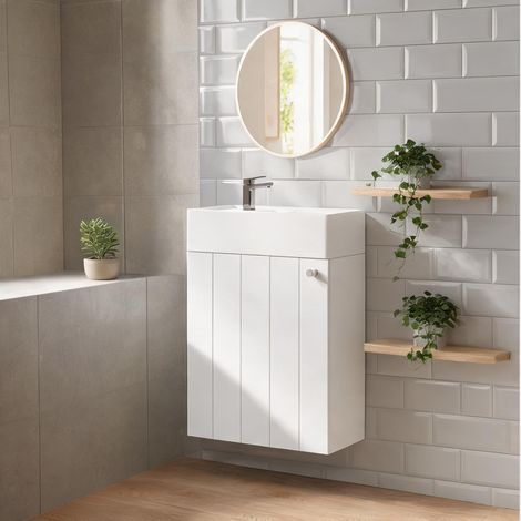 Meuble vasque mural blanc laqué 41 cm design compact (1/5)