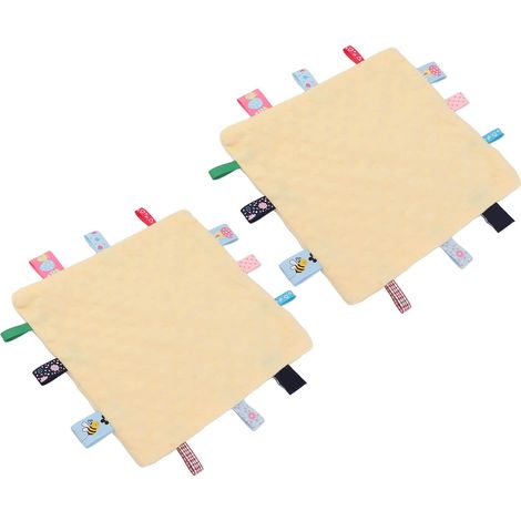 Lot de 2 couvertures de sécurité pour bébé avec étiquettes colorées, en pur coton, à particules 3D, pour le développement sensoriel. Jaune. (1/5)
