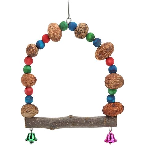 Bunte Vogelstange aus Holz mit Glöckchen - Ausgewogenes Hängespielzeug für Wellensittiche und Nymphensittiche (1/5)