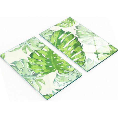 Elegantes y resistentes pizarras de vidrio con estampado de hojas tropicales, 2x30x52 cm.