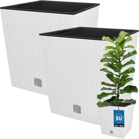 KOTARBAU® Kotarbau® Pot de Fleur Exterieur 32 x 32 cm - avec Insert Intérieur Lot de 2 - Pot Plastique Plante 32 L - Pot de Fleur Carré - Aspect Rotin - Blanc (1/5)