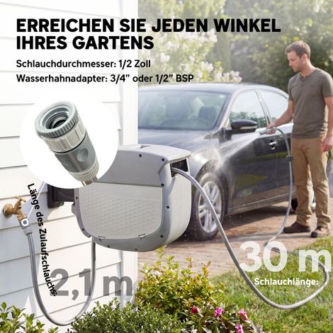 Enrouleur automatique pour tuyau d'arrosage de 30 m, coffret pivotant à 180° avec système d'enroulement auto-bloquant et mécanisme de verrouillage intégré.