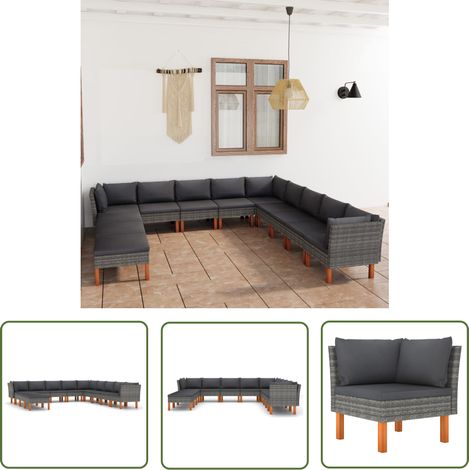 The Living Store Salon de jardin 12 pcs avec coussins Résine tressée Gris - Salon De Jardin - Mobilier De Jardin - Set De Salon - Canapé D'extérieur - Table Basse (1/5)