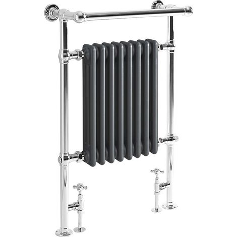 Milano Elizabeth 930mm x 620mm Floorstanding Chrome and Anthracite Dual Fuel Electric Heated Towel Rail Radiator with Overhanging Rail and Angled Valves - Heated Towel Rail & Valves Only (1/5)