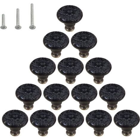 Lot de 15 poignées de commode en céramique brillante style champignon avec 3 vis de montage, noires