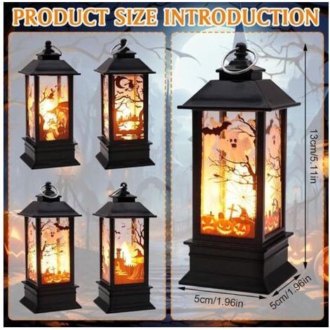 Lot de 4 lanternes Halloween LED – Décoration intérieure et extérieure – Matériau plastique durable – Lumière chaude avec interrupteur (1/4)