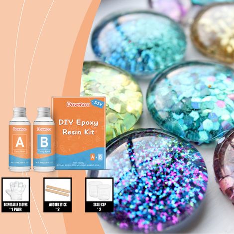 Set zum Aushärten von transparentem Epoxidharz, schnelltrocknendes Schmuckset – Harz 50 ml + Härter 50 ml + Rührstab 2 x + Messbecher 2 x Handschuhe 1 Paar -- BIEMMEDUE (1/5)