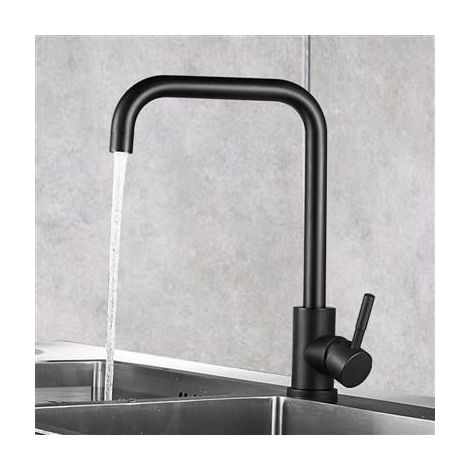Mitigeur de cuisine – Forme en 7, acier inoxydable 304 brossé, rotation à 360°, aérateur amovible – Noir (1/5)