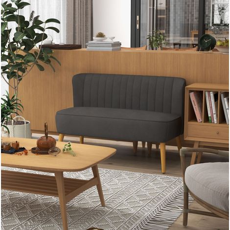 Sofá de 2 plazas de poliéster efecto lino, patas de madera, 117 x 56,5 x 77 cm, gris oscuro, OKWISH (1/5)