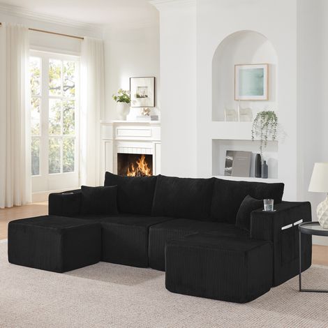 Modulares Ecksofa 3-Sitzer 230 x 138 x 75 cm, schwarzer Kordstoff OKMYHOME (1/5)