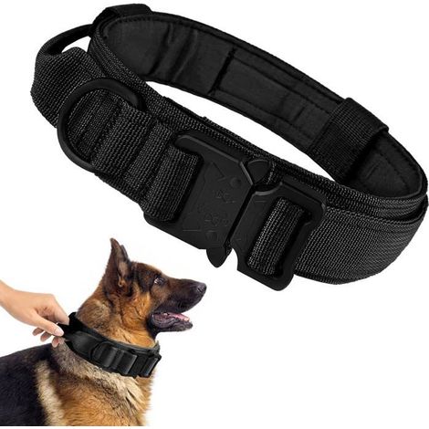 Collier pour chien militaire avec poignée réglable en nylon et boucle en métal robuste, collier pour chien noir XL 50-59 cm (noir)-Ywey (1/5)