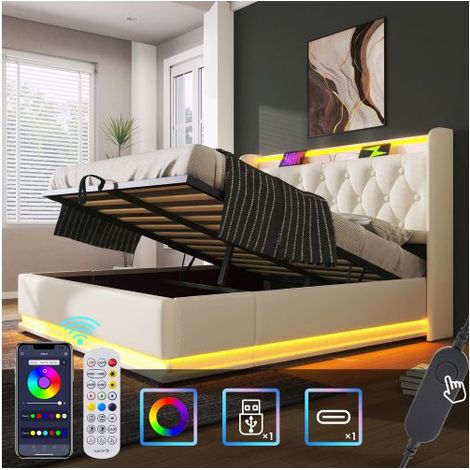 Lit Coffre 180x200 avec LED 360° et Ports USB - Lit Rembourré - PU Blanc, Sommier Inclus, Sans Matelas, Design Moderne (1/5)