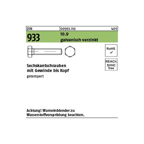 Sechskantschraube DIN 933 VG M 36 x 70 10.9 galvanisch verzinkt 5 Stück