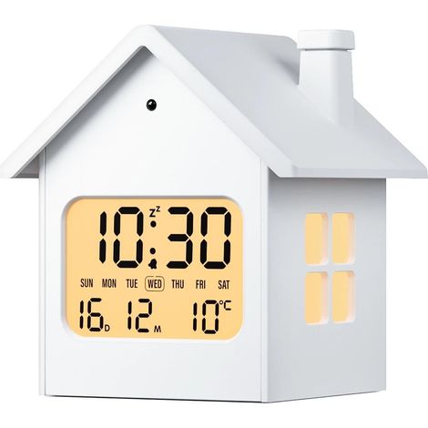 Réveil Réveil Numérique en Forme de Maison Affichage Température et Date Fonction Snooze Piles et Secteur Piles Incluses Blanc (1/5)