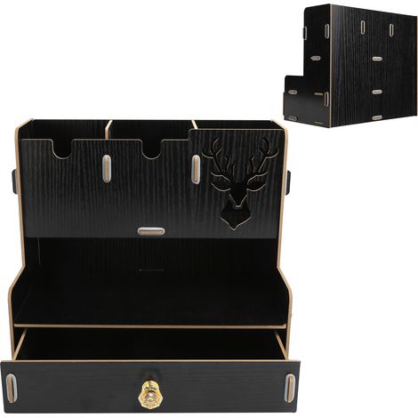 Organisateur de bureau en bois, porte-stylos et rangement pour fournitures de bureau à la maison ou au travail, couleur noire (1/5)