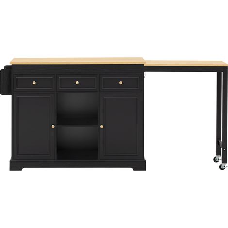 Îlot de cuisine sur roulettes noir avec plan de travail extensible de 112 à 188 cm, rangements, tiroirs et coin repas (1/5)