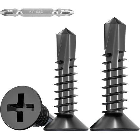 100 Pièces Vis Autoforeuse Metal Noir,M4.2x19mm Vis à Tôle Autotaraudeses et Autoperceuse Autoperforante Inox 410 Cruciforme Tête Fraisée Plate pour Aluminium Bois Tôle Plastique. (1/5)