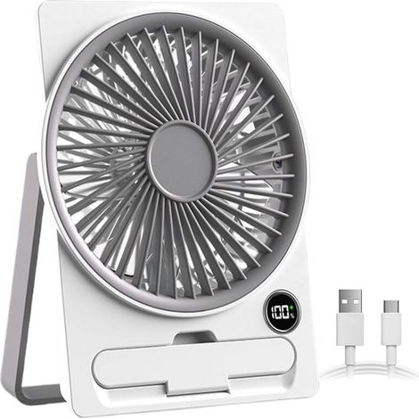 USB rechargeable table fan with LCD screen, ultra-thin design, ideal for camping, travel and indoor use, white (1/5)