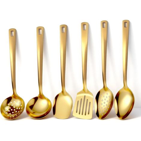 Coffret de 6 ustensiles de cuisine luxueux, couleur doré, spatule, louche, écumoire, couteau à gâteau, ensemble léger (1/5)