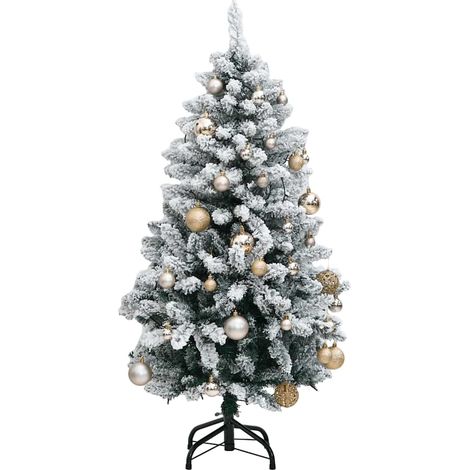 Sapin de Noël Artificiel Enneigé à Charnières 150 LED et Boules Décoratives Vert et Blanc 120 cm (1/5)