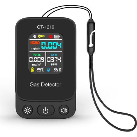 Moniteur de qualité de l'air 5 en 1, mesure CO2 HCHO COVT température humidité, testeur intérieur rechargeable USB-C, indicateur couleur alerte, noir (1/5)